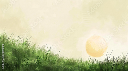 A beautiful green pasture with a large sun in the sky and a calm ocean. 