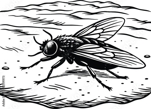 A fly craw linocut. Hand drawn sketch of fly. Retro realistic animal isolated. Vintage style. Doodle