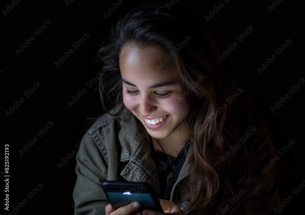 A young woman smiles as she looks at her cell phone, which has a black background, Happy woman using cell phone A young woman smiles as she looks at her cell phone, which has a black background, Happy woman using cell phone