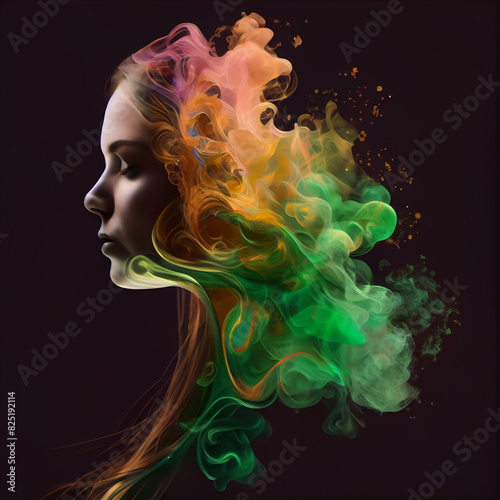 arafed portrait of a woman with colored smoke in her hair