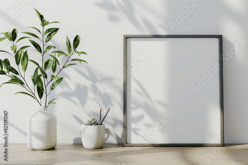 there are two vases with plants and a picture frame on a table photo