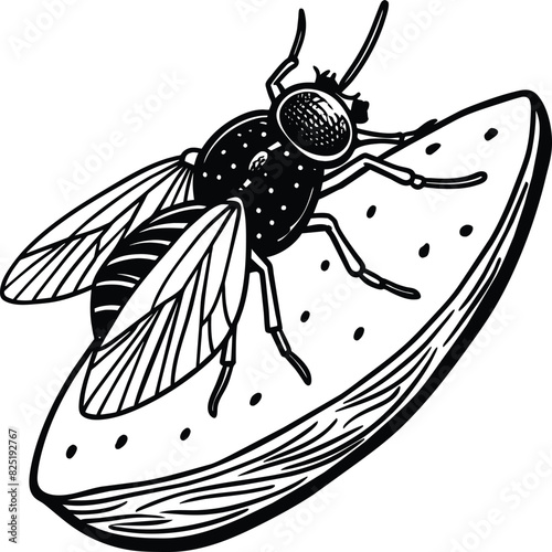 A fly craw linocut. Hand drawn sketch of fly. Retro realistic animal isolated. Vintage style. Doodle