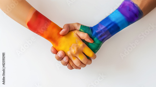 Two Hands Painted with Rainbow Colors Holding Each Other in Support. Pride Month Background