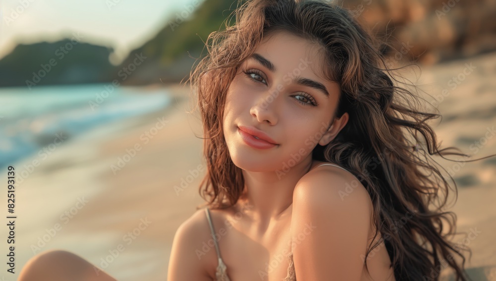 A young woman with curly hair peeks into the camera at a beach