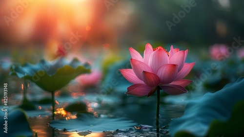 symbolic flower blooming, lotus petals unfurling at dawn symbolize fresh starts and personal development, basking in the suns warmth photo