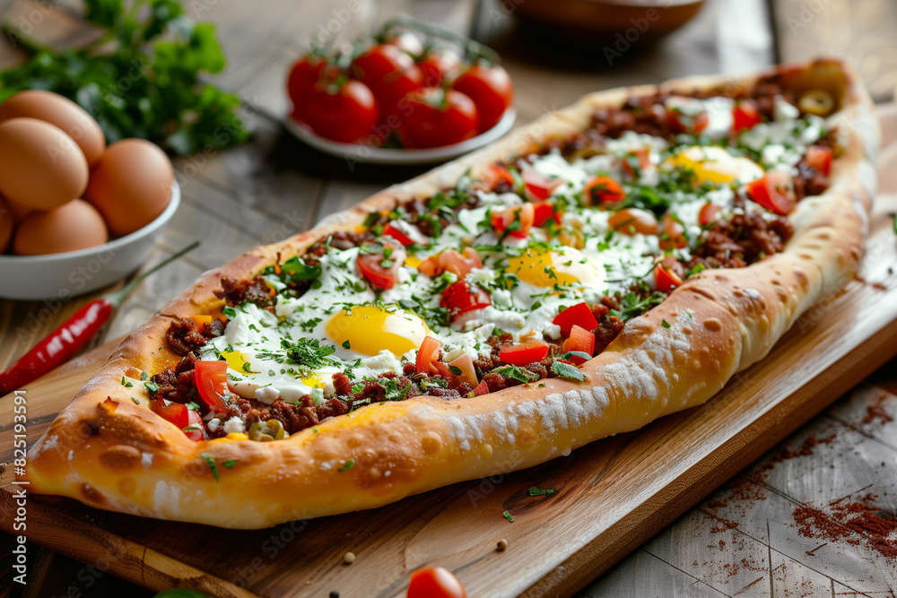 there is a long pizza with meat and vegetables on a cutting board