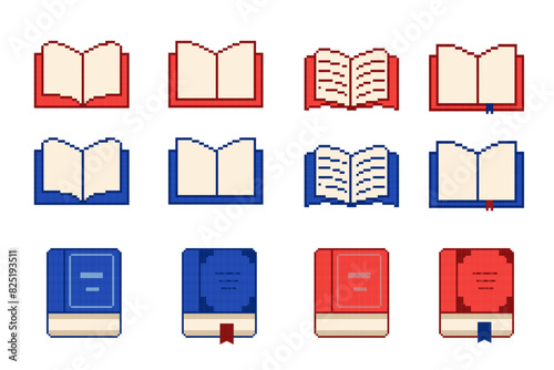  pixel art set of open and closed books. Textbook collection. Objects for a pixel game. Vector illustration