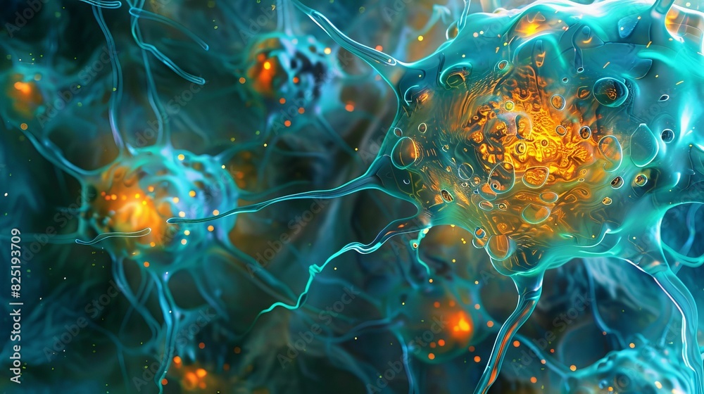 Abstract, glowing visualization of the cytoskeleton inside a eukaryotic cell, showcasing actin filaments and microtubules Abstract, glowing visualization of the cytoskeleton inside a eukaryotic cell, showcasing actin filaments and microtubules