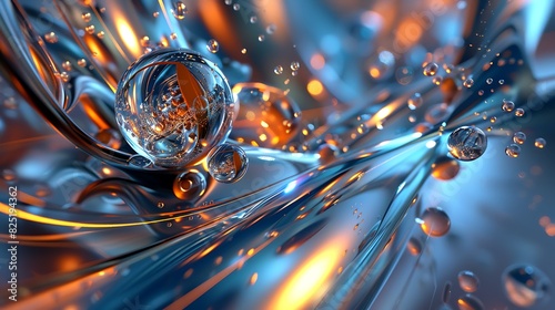 3D rendering of a blue and orange abstract background with a sphere. The sphere is made of glass and reflects the surrounding environment. photo