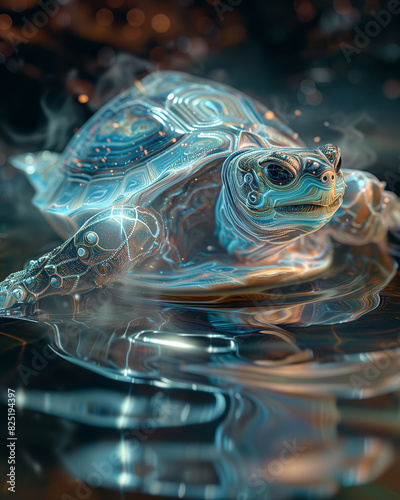 there is a turtle that is sitting on a glass surface