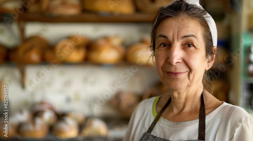 smiling woman in apron and headband in bakery with shelves of bread