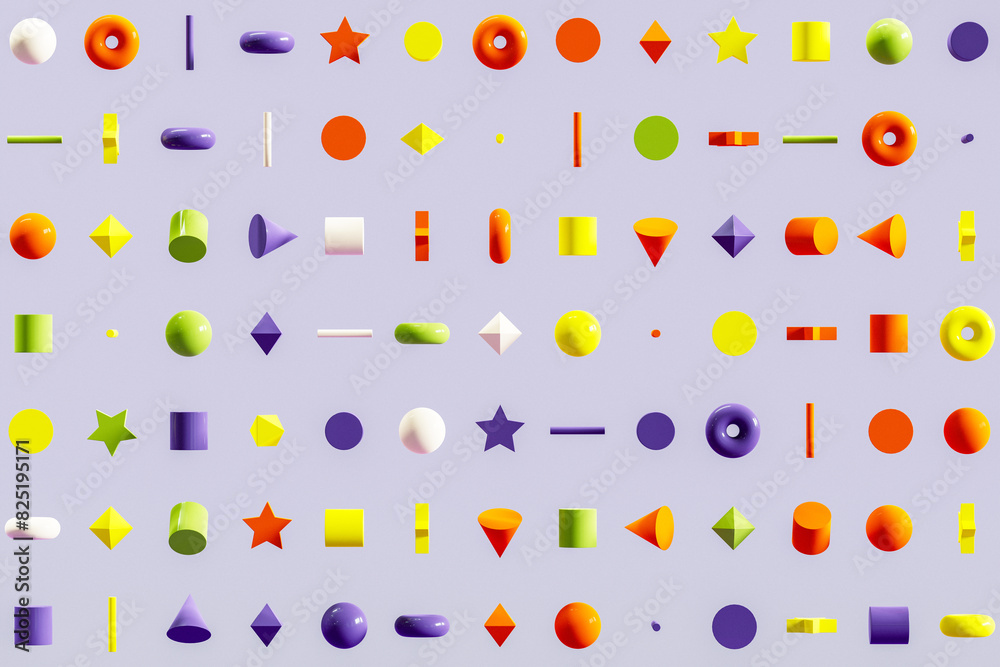 3D Rendering of Various Geometric Shapes in Neat, Grid Arrangement