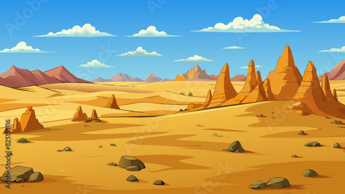 A barren landscape in the desert with only sand dunes and rocks as far as the eye can see.. Cartoon Vector.