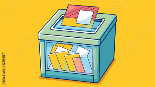 A ballot box with a clear plastic window displaying a stack of neatly folded cards representing voters choices.. Cartoon Vector.