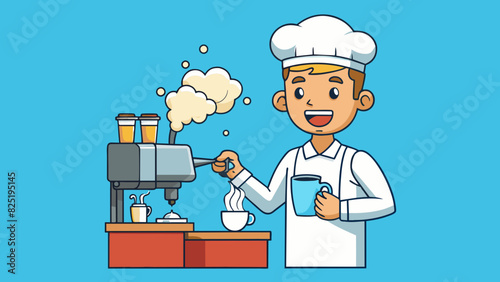 A barista expertly steaming milk the sound of the frother creating a symphony of bubbles and the warm rich aroma of freshly brewed espresso filling. Cartoon Vector.