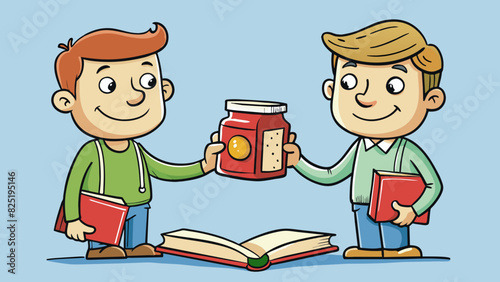 A barter between two friends one giving a book and receiving a jar of homemade jam in return. The book is in good condition with a decorative cover. Cartoon Vector.