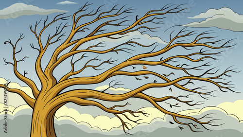 A barren tree with its twisted branches reaching up towards the sky. The north wind has away all its leaves leaving behind a beautiful silhouette. Cartoon Vector. photo