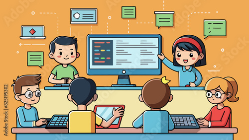 A beginners coding course introduces students to computer programming basics such as algorithms data types and variables. Through handson activities. Cartoon Vector.