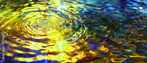 Glistening golden yellow water ripple background - large ripple circle of water shimmering with ultramarine blue and vivid yellow gold ideal for a spiritual theme background
