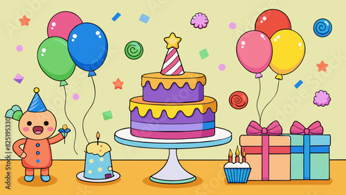 A birthday party with balloons and a cake assume it is for a young child based on the colorful decorations and cartoon characters on the cake.. Cartoon Vector.