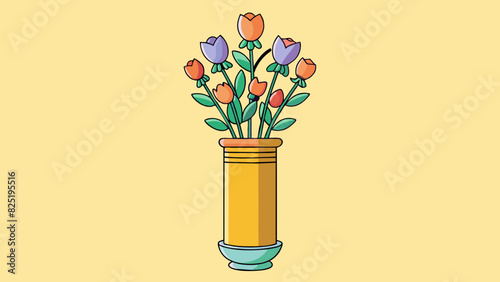 A bouquet of flowers arranged in a tall vase with the tallest flowers in the center and the shorter ones gradually getting shorter towards the outer. Cartoon Vector.