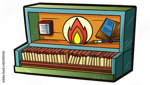 A box of matches sits on a shelf with a picture of a campfire and the words all purpose printed on the front.. Cartoon Vector. photo