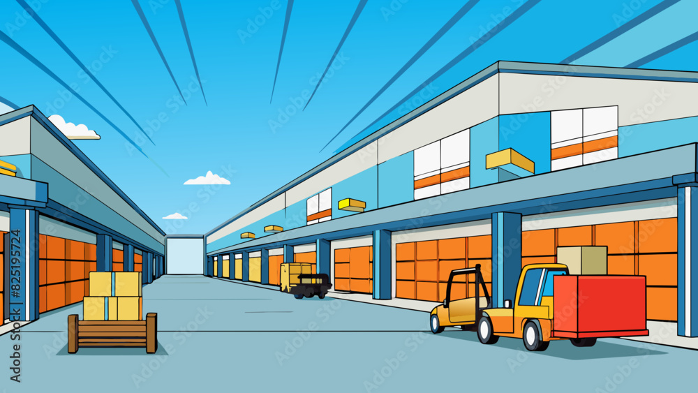 A build is a large industrial warehouse made of metal and concrete. It has high ceilings and large loading bays for trucks. Inside there are rows of. Cartoon Vector. A build is a large industrial warehouse made of metal and concrete. It has high ceilings and large loading bays for trucks. Inside there are rows of. Cartoon Vector.