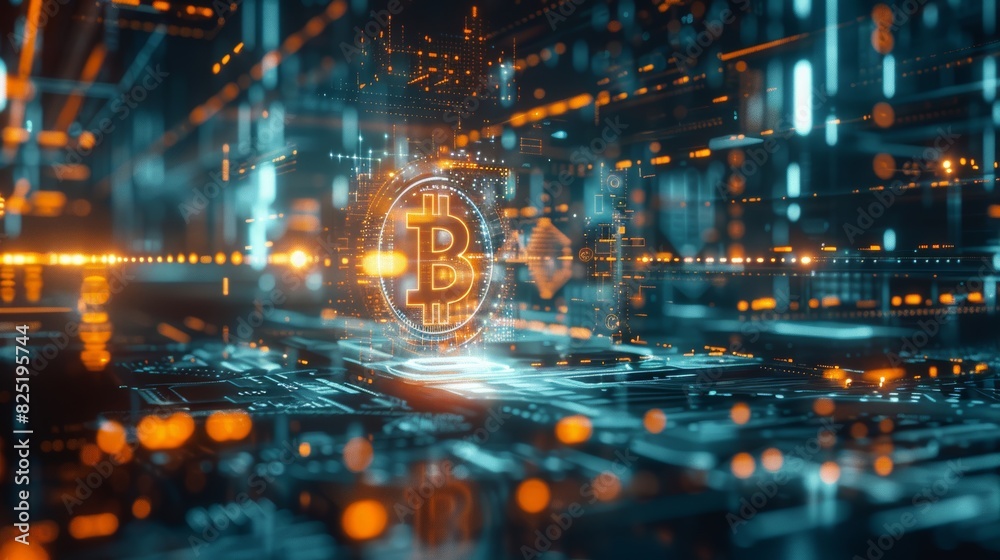 Fototapeta premium Futuristic Bitcoin Hologram, High-Tech Room with Focused Beams and Digital investment Illustration