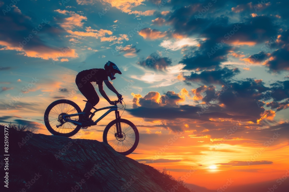 Obraz premium Inspirational Sunset Silhouette of Mountain Biker on Hilltop - Ideal for Motivational Prints, Cards, and Posters