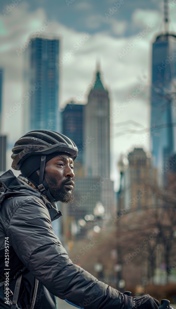 Obraz premium Urban Cyclist at Sunset with City Skyline - Perfect for Personal and Urban Content