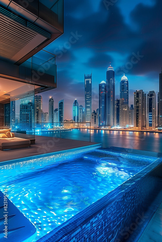 nighttime view of a pool with a city skyline in the background