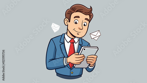 A businessman scrolling through his phone with a serious expression on his face. His fingers move quickly and purposefully showing his intent to reply. Cartoon Vector.