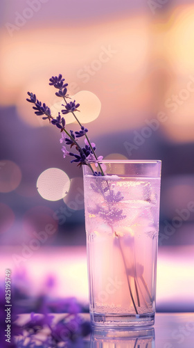 lavender sprig in a glass of water with ice