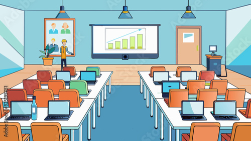 A business conference In a sleek conference room rows of chairs face a large projector screen at the front. A long table is lined with laptops and. Cartoon Vector.