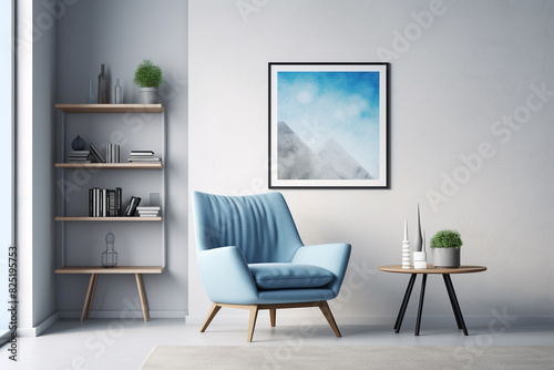 An azure blue accent chair paired with a stone grey rug, encircled by minimalist white shelves holding stylish decor, an empty white frame mockup enhancing the wall.