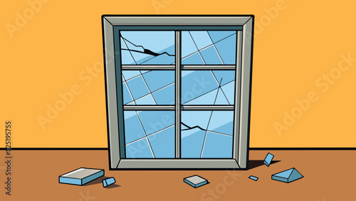 A broken window The window was shattered with sharp pieces of glass tered on the ground beneath it. The frame was dented and the glass had cracks. Cartoon Vector.