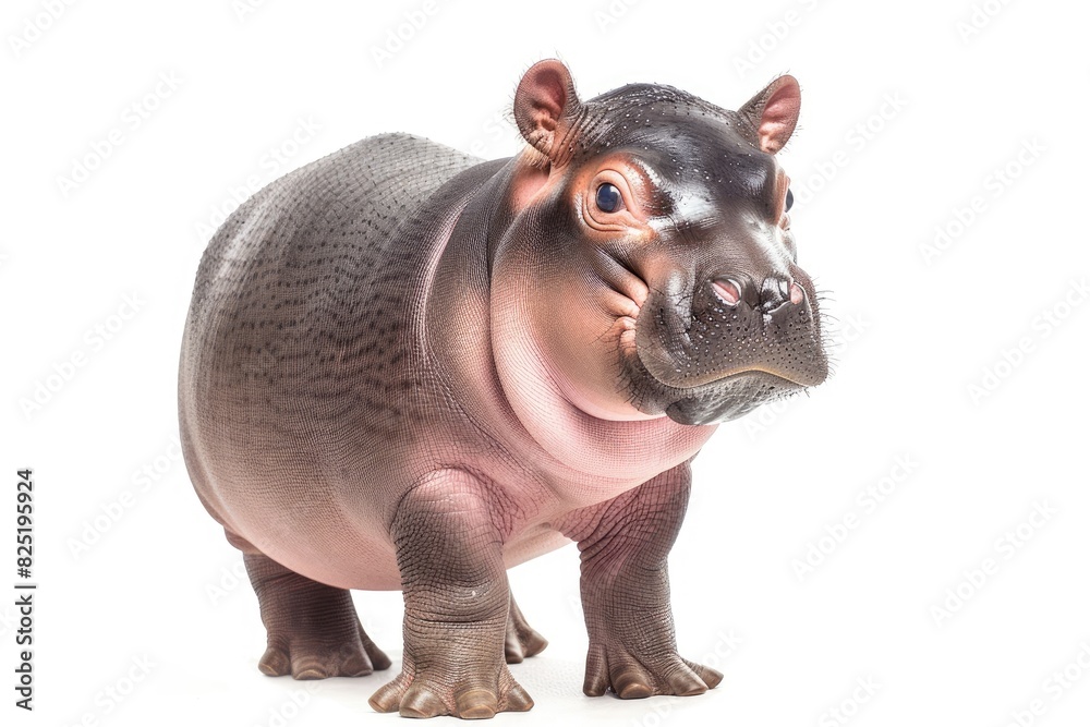 Adorable baby hippo with tiny ears and a round belly isolated on white background Adorable baby hippo with tiny ears and a round belly isolated on white background
