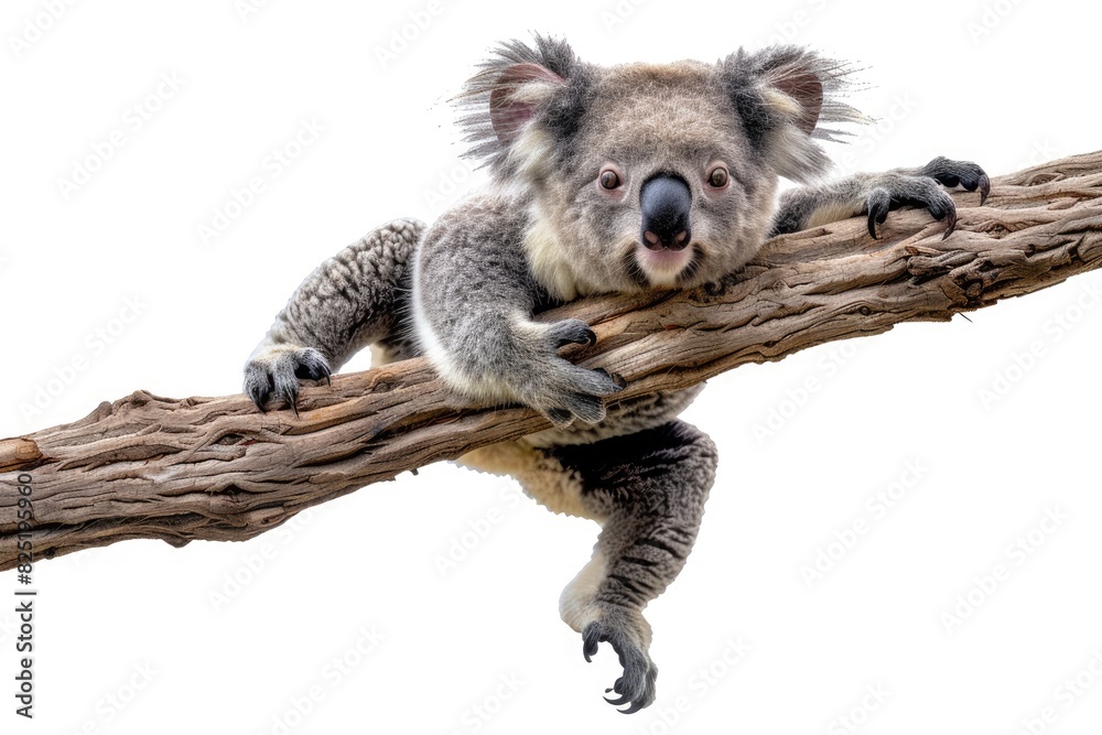 Fototapeta premium Adorable baby koala clinging to a branch isolated on white background