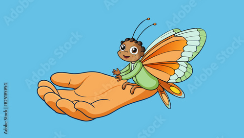 A butterfly delicately resting on a childs palm its colorful wings fluttering gently in the warm breeze. The butterflys antennae are long and thin and. Cartoon Vector.