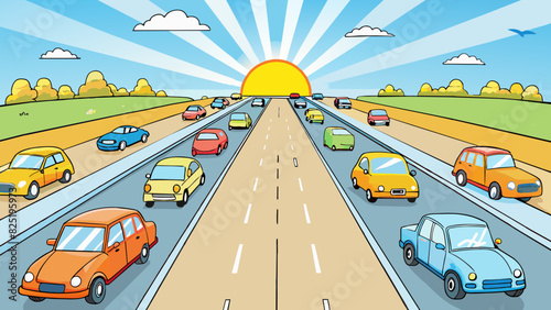 A busy highway filled with cars of different makes and models. Their shiny exteriors reflect the sunlight as they zoom by leaving trails of dust in. Cartoon Vector.