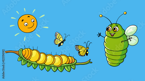 A caterpillar spins a co around itself and undergoes a remarkable transformation within. Slowly it breaks free from its confinement and emerges as a. Cartoon Vector.