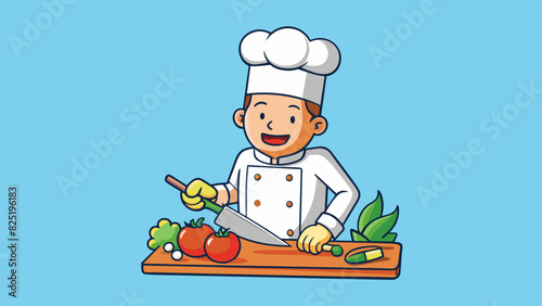 A chef chopping vegetables with remarkable speed their hands moving in a blur as they expertly slice and dice. The steady rhythm of the knife hitting. Cartoon Vector.