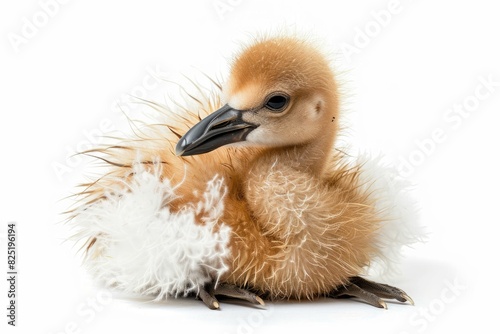 Cute baby flamingo with fluffy down feathers isolated on white background