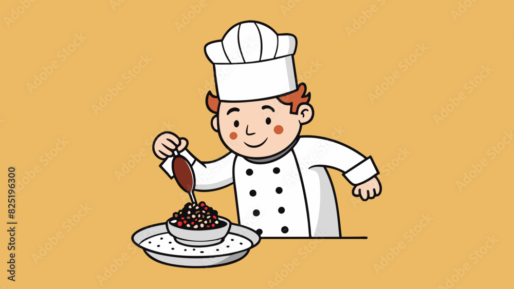 A chef sprinkling black pepper onto a dish with a shaker labeled 1 teas. The degree refers to the amount of e being added with 1 teas being a small. Cartoon Vector. A chef sprinkling black pepper onto a dish with a shaker labeled 1 teas. The degree refers to the amount of e being added with 1 teas being a small. Cartoon Vector.
