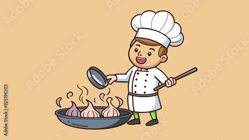 A chef throws a fistful of diced onions into a sizzling pan creating a loud sizzling noise. The onions small even size and soft texture allow them to. Cartoon Vector.