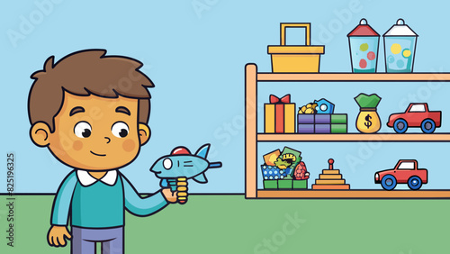 A child at a toy store trying to decide between a shiny expensive toy or a simpler practical toy. They must consider their budget and their immediate. Cartoon Vector.