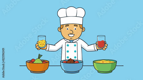 A chef experimenting with two different flavors in a dish one traditional and the other fusion. They must make a decision on how to blend the flavors. Cartoon Vector.
