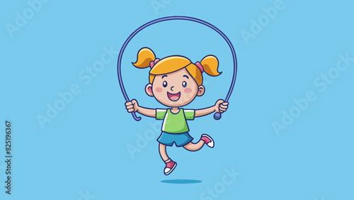 A child playing with a jump rope is counting out loud as she jumps One two three four five... Each jump marks one second passing. The rope swings. Cartoon Vector.