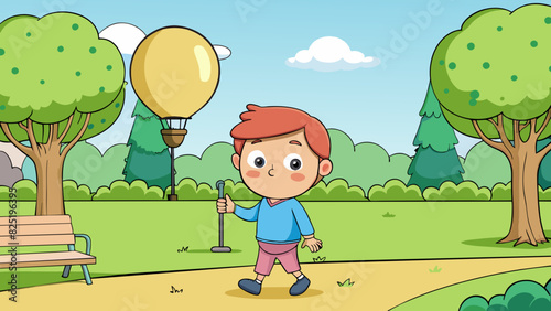 A child holding onto a balloon string firmly with their fingers while walking in a park. The balloon is light and round with a shiny surface and the. Cartoon Vector.