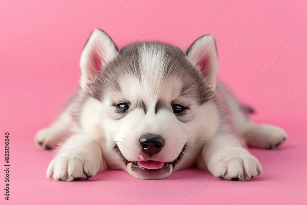 Fluffy Alaskan Malamute puppy on a pink background Fluffy Alaskan Malamute puppy on a pink background